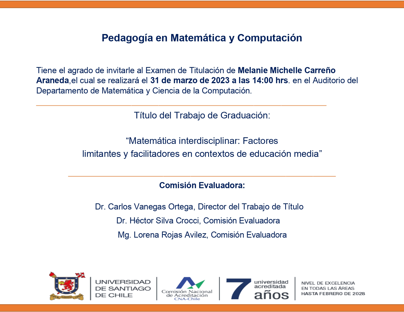 Invitación Defensa de tesis Srta. Melanie Carreño Araneda