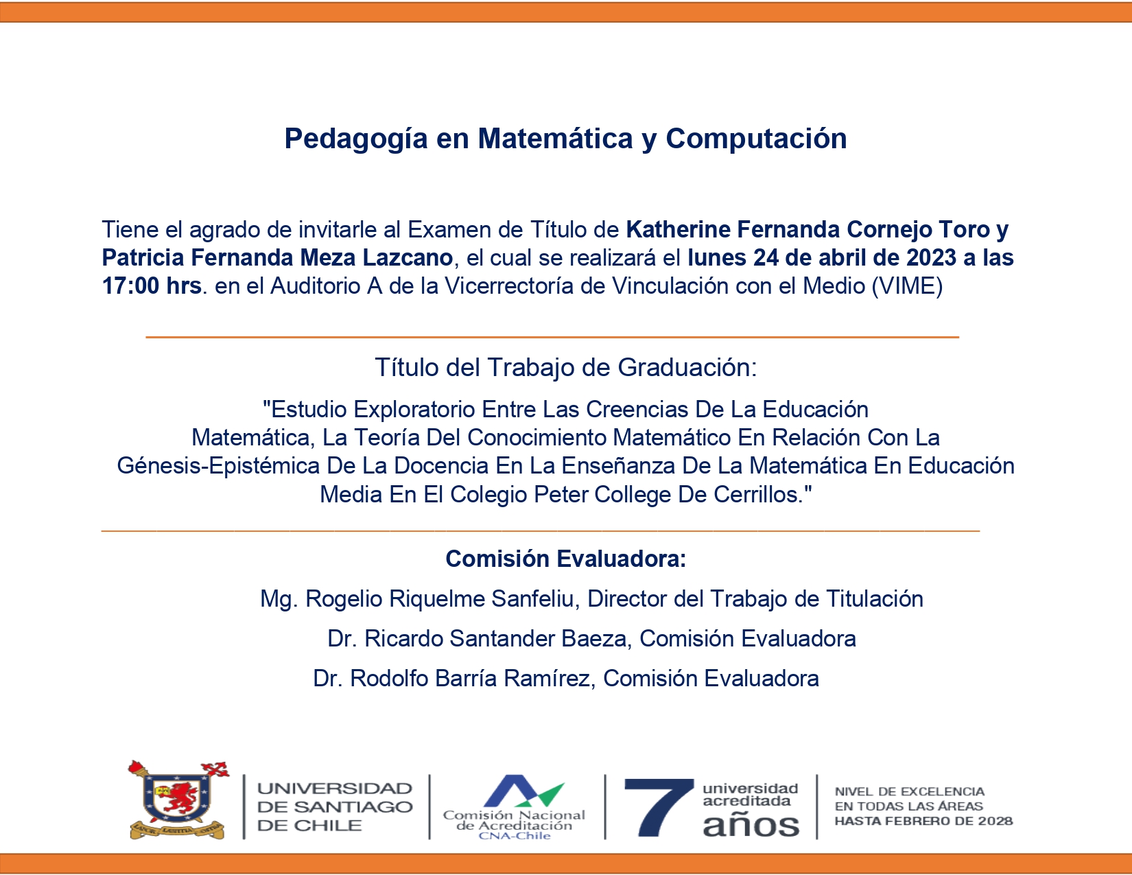 Invitación Defensa de Tesis Srtas. Katherine Cornejo Toro y Patricia Meza Lazcano