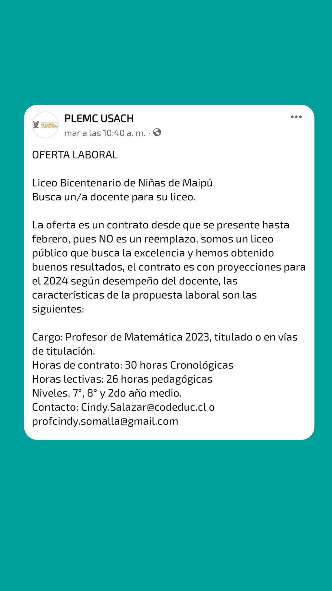 Oferta Laboral Liceo Bicentenario de Maipú